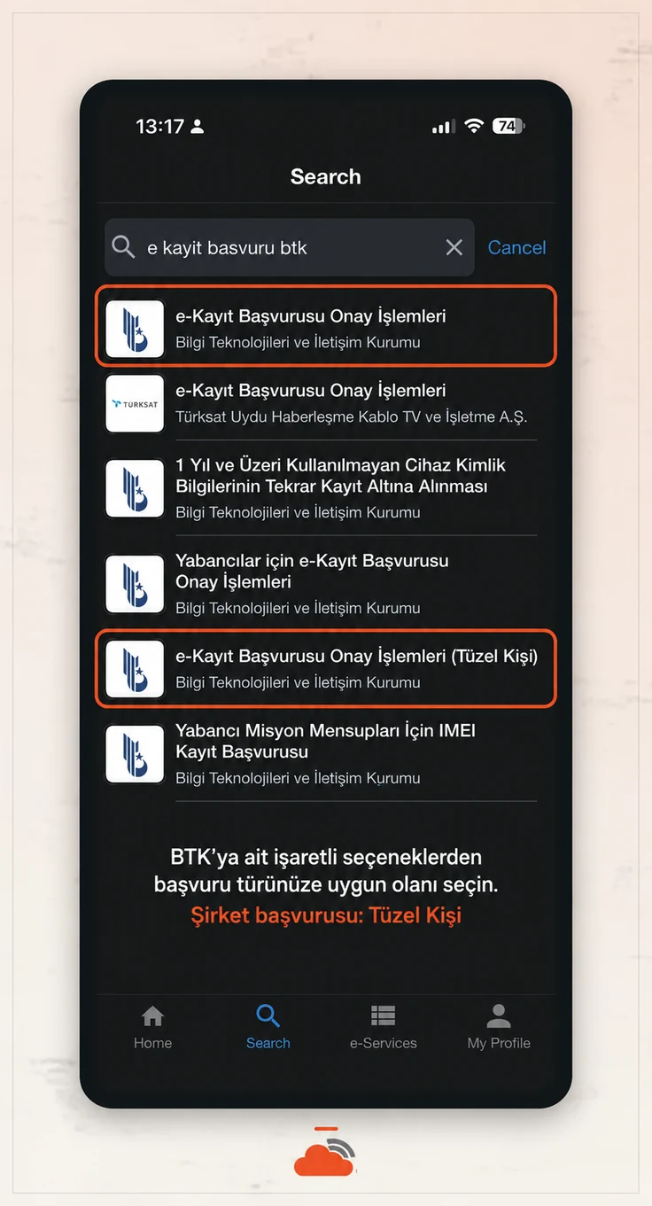 Mobil aramada BTK e-Kayıt Başvurusu Onay İşlemleri sonucu